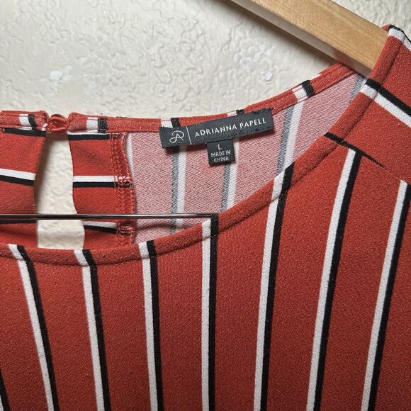 Adrianna Papell Size L Women's Blouse Orange White striped 3/4 Sleeve Top Button - Picture 2 of 5